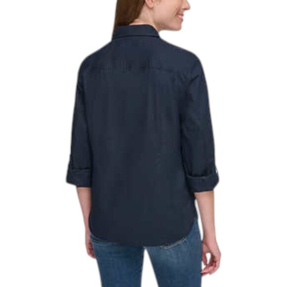 NEW Tommy Hilfiger Roll-Tab Button Up Shirt | Navy - Picture 3 of 9